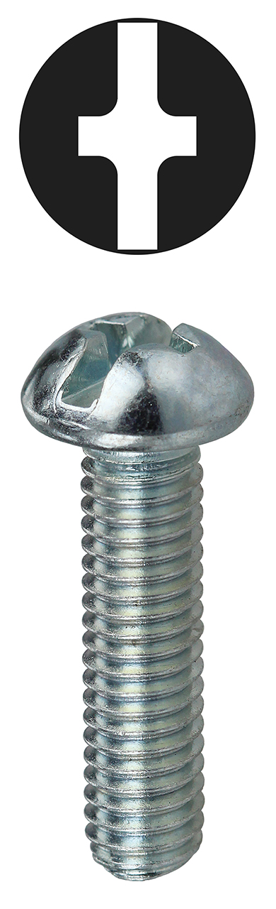 Machine Screw, Steel material, 2-1/2 in. length, #6-32 thread size, Round head type, Zinc Plated Finish, Slotted/Phillips drive type