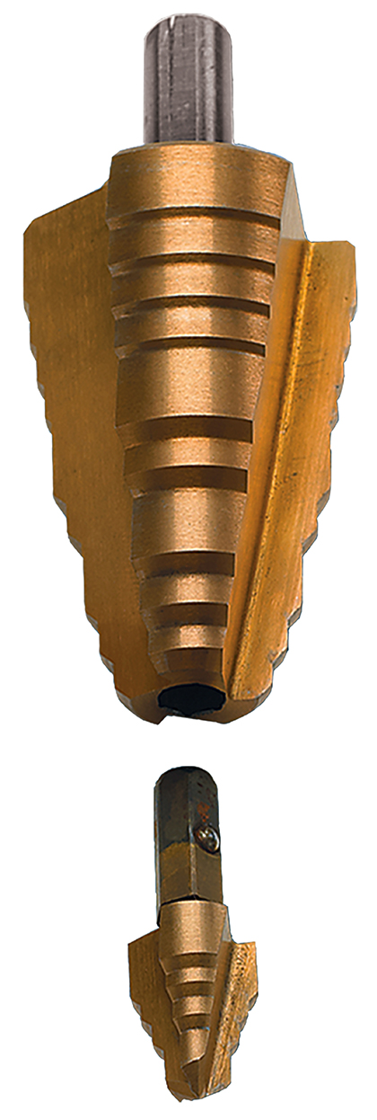 Tip Bit, 6, 5, 8 drill stages, 1/4, 1/4, 1/4 in. minimum drill diameter, 1/2, 7/8, 1-1/8 in. maximum drill diameter, M2 High Speed Steel material, Cobalt Titanium Coated finish, 7/8, 1-1/8 in. Size, 1/4 in. shank diameter, Hex shank type