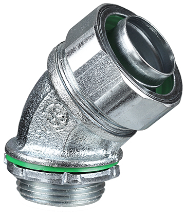 45 DEG Liquid Tight Connector, 1/2 in. Size, Threaded connection, Steel material, Zinc Plated Finish