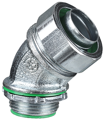 45 DEG Insulated Liquid Tight Connector, 2 in. Size, Threaded connection, Steel material, Zinc Plated Finish
