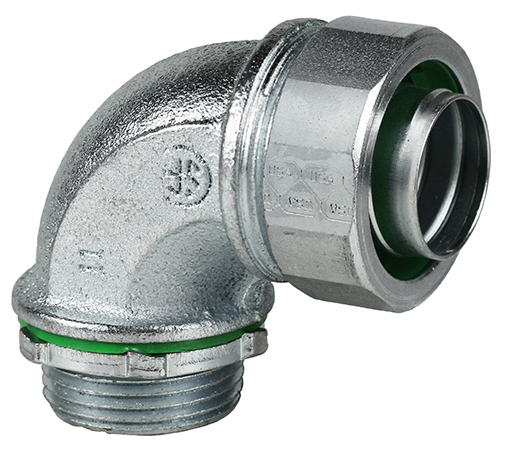 90 DEG Liquid Tight Connector, 3/8 in. Size, Threaded connection, Steel material, Zinc Plated Finish