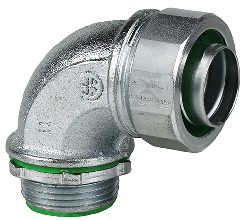 90 DEG Insulated Liquid Tight Connector, 1-1/4 in. Size, Threaded connection, Steel material, Zinc Plated Finish