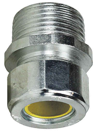 Steel Strain Relief Connector, 1 in. Size, 0.650 to 0.750 in. conductor range, Zinc Plated Finish, Yellow