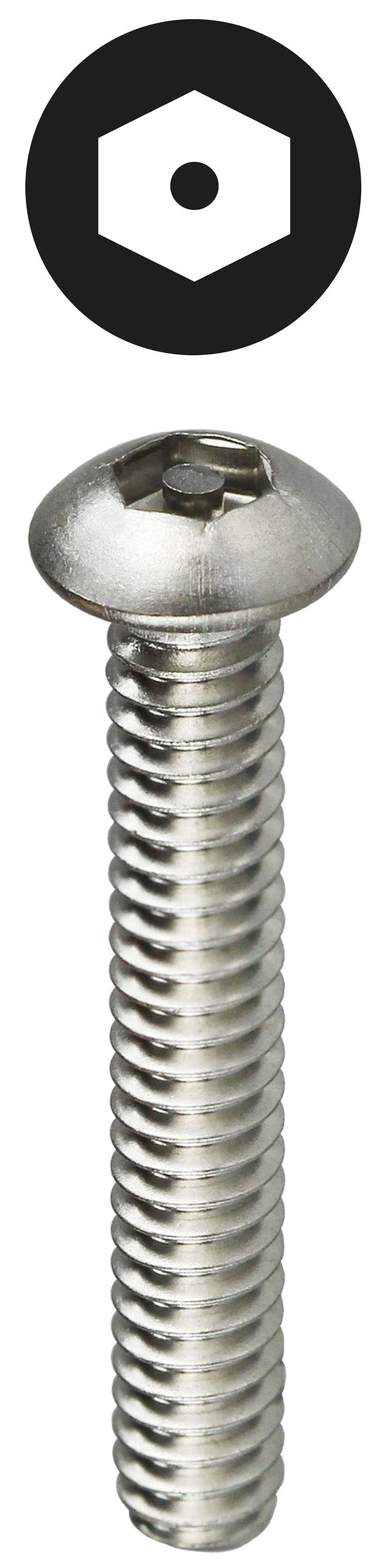 Machine Screw, 18-8 Stainless Steel material, 2 in. length, #8-32 thread size, Button head type, Hex Pin drive type