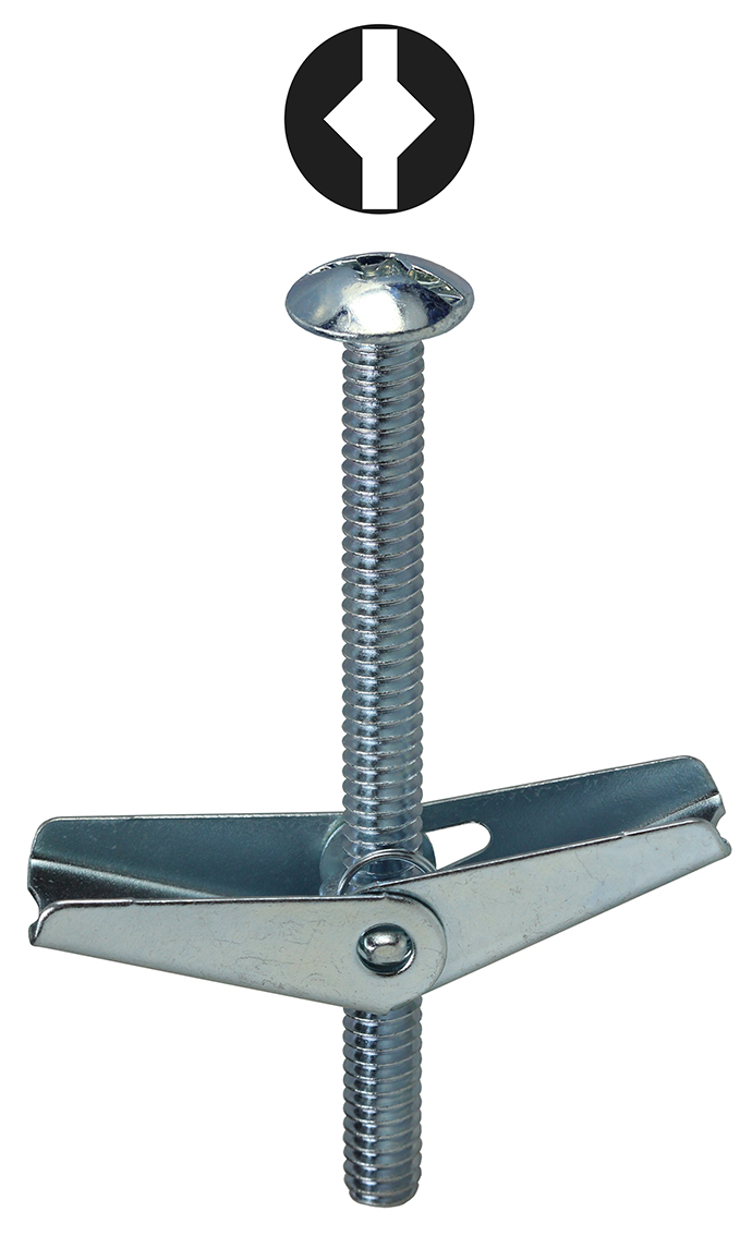 Mushroom Head with Spring Wing, Steel material, Zinc Plated Finish, 4 in. length, 1/8 in. diameter, 3/8 in. drill size, Square/Slotted drive type