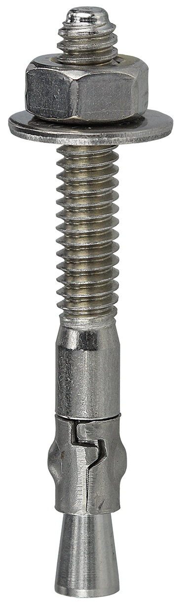 Full Thread Wedge Anchor, 1/2 x 4 in. Size, 1/2 in. diameter, 4 in. length, 1/2-13 in. thread size, 3-1/8 in. thread length, 13 thread per inch, 1/2 in. drill size, Stainless Steel material, 3/8 x 3-3/4 in. bolt size