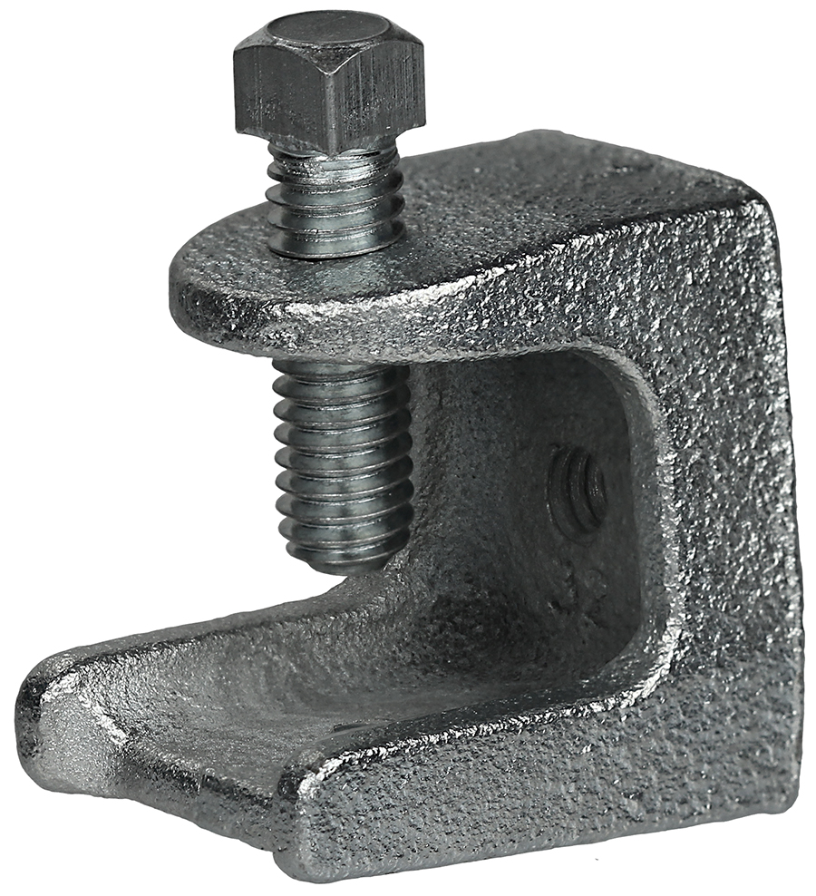 Beam Clamp, Malleable Iron, 3/8-16 in. Size, Zinc Plated Finish, 3/8 x 1-1/4, 3/8-16 in. set screw, 0.875 in. flange width, 2 fastening hole