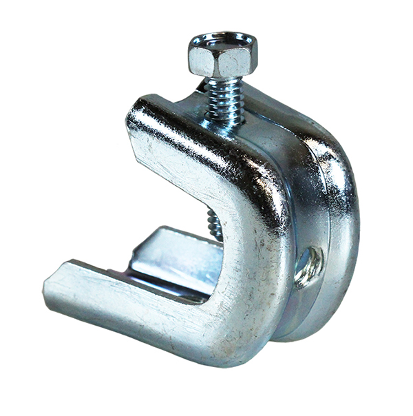 Beam Clamp, Steel material, 1/4-20 in. Size, Zinc Plated Finish, 1/4 x 1, 1/4-20 in. set screw, 0.672 in. flange width, 2 fastening hole
