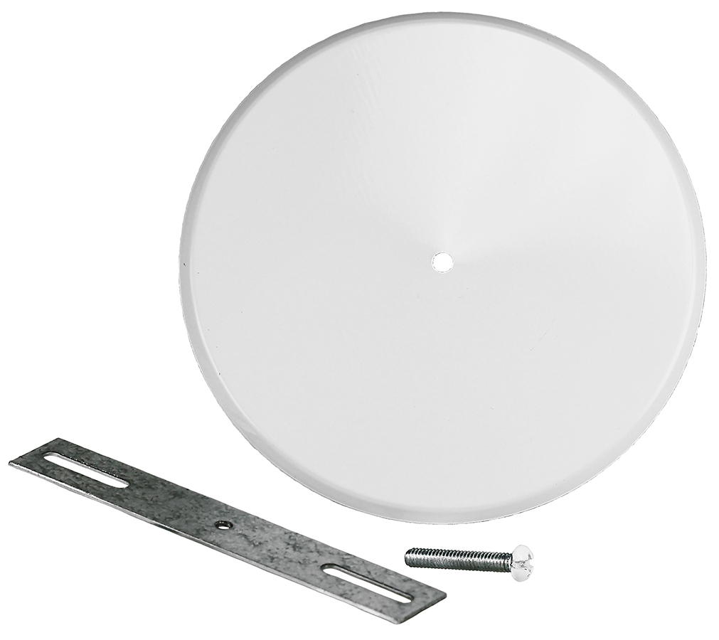 Ceiling Cover Plate, Steel material, Zinc Plated Finish, 5-1/4 in. Size, White, includes Adjustable Strap and Screws