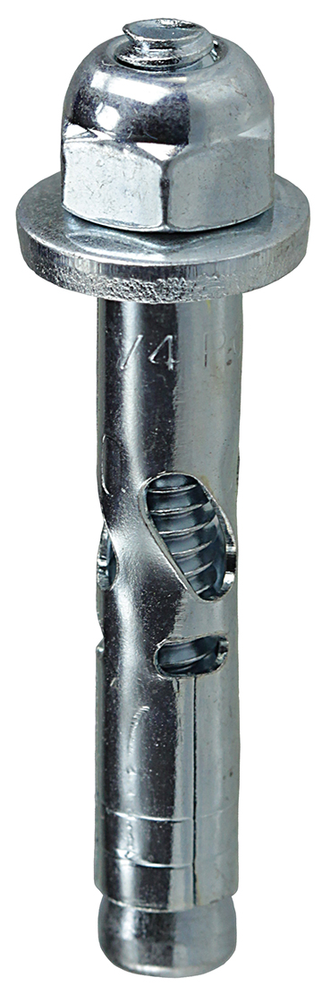 Hexagonal Nut Sleeve Anchor, 1/4 x 2-1/4 in. Size, 1/4 in. diameter, 2-9/16 in. length, 1-1/8 in. minimum embedment depth, 1/4 in. drill size, Steel material, Zinc Plated Finish