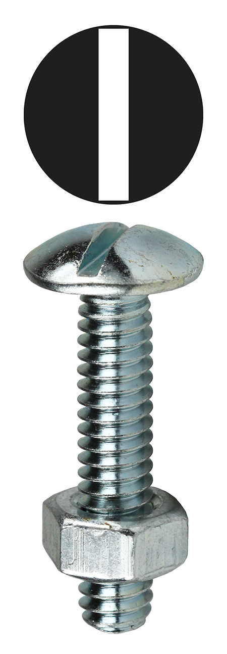 Stove Bolt with Hex Nut, Slotted drive type, Truss head type, 1/4 in. diameter, 20 thread pitch/thread per inch, 1-1/2 in. length, Steel material, Zinc Plated Finish