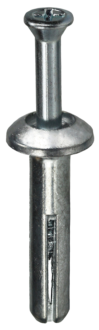Zamac Anchor, 1/4 in. diameter, 2 in. length, 1/4 in. drill size, Flat head type, Zamac Alloy material, Carbon Steel screw material, Phillips drive type