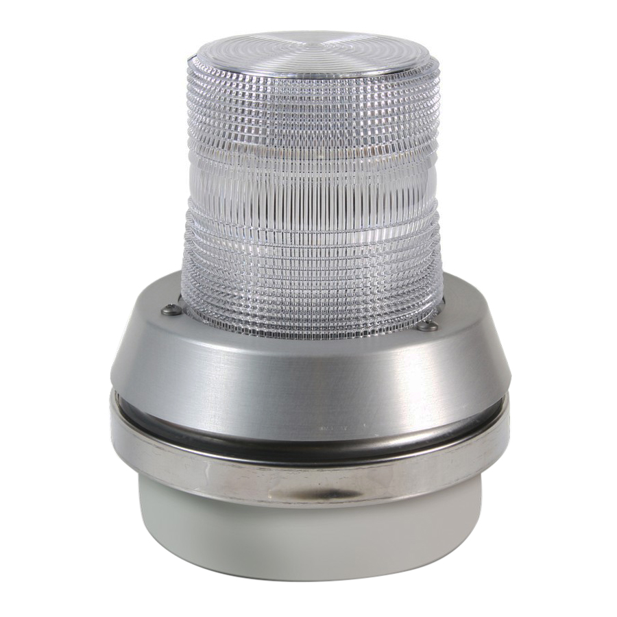 Light duty strobe designed for indoor and outdoor applications.  The strobe is electrically isolated from leakage current to prevent false flashes and has been designed for PLC applications.  May be direct, 1/2 in. conduit mounted or box mounted on a 4 in. octagon box