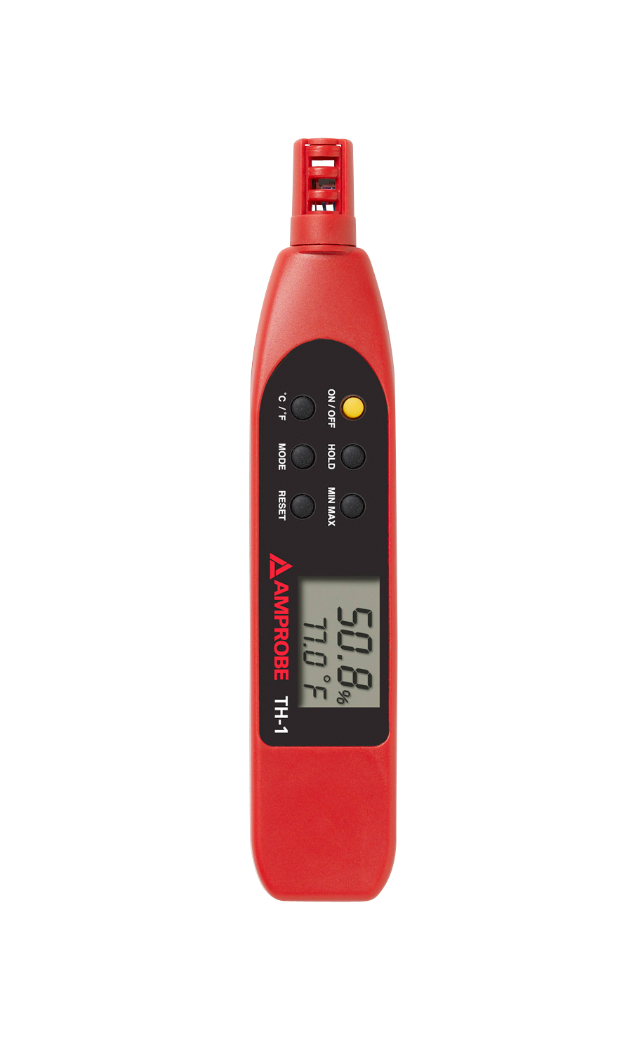 This Amprobe Relative Humidity and Temperature Meter uses a precision capacitance sensor to deliver accurate performance with long term stability. This high accuracy instrument measures the full range of relative humidity from 0 percent to 100 percent and features an exceptionally wide ambient temperature measurement range from -20 °C (-4 °F) to 60 °C (140 °F). The sensor is mounted on along shaft extending from the top surface of the unit, making probing into duct work and hard to reach areas more easy. The large LCD displays two measurements simultaneously with a full range of display options including hold, min, max, and relative. The TH-3 is a complete package and comes with soft carrying case, sensor cover, battery and manual.
