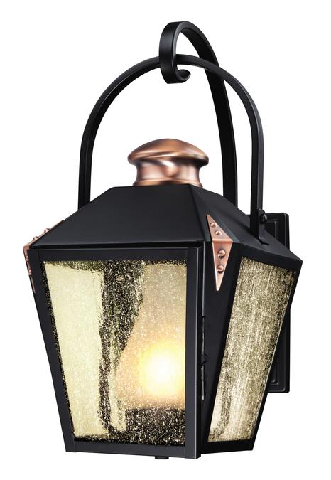 1 Light Wall Lantern Matte Black Finish with Copper Accents and Frosted Chimney in Clear Seeded Glass