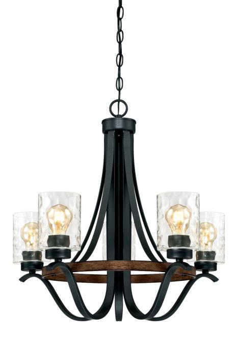 5 Light Chandelier Textured Iron and Barnwood Finish with Clear Hammered Glass