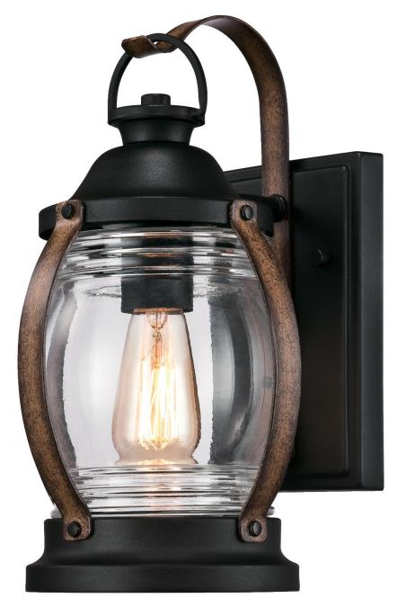 1 Light Wall Fixture Textured Black and Barnwood Finish with Clear Glass