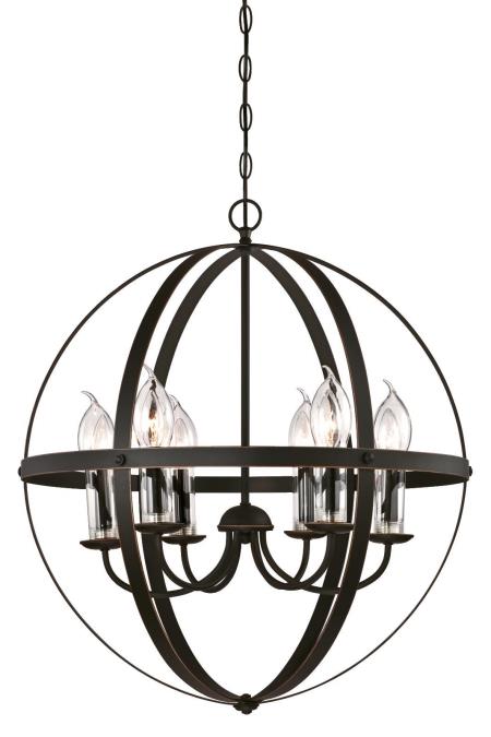 6 Light Chandelier Oil Rubbed Bronze Finish with Highlights and Clear Glass Candle Covers