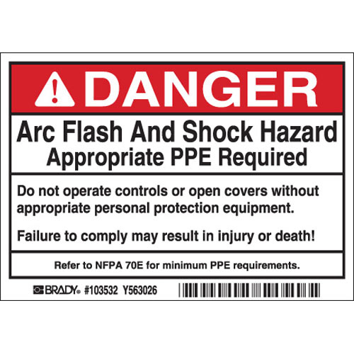 Product image for Brady 103532 Arc Flash Labels - Self-Sticking Polyester, 3.5" H x 5" W x 0.006" D, Display Packing, Pack of 5 Labels, Black/Red on White
