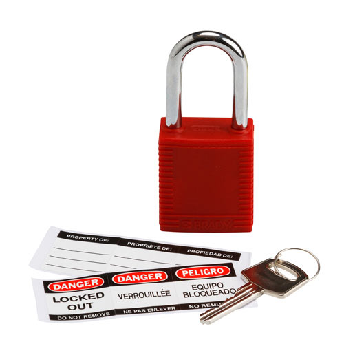Product image for Brady 103533 Nylon Safety Padlock, Steel Shackle, 1.5" Vertical Clearance, Keyed Different, Red
