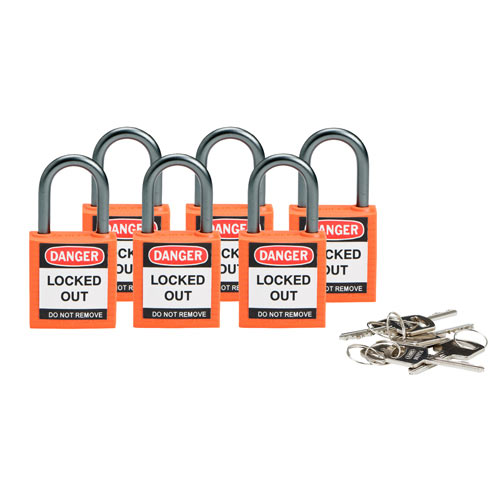 Product image for Brady 118958 Brady® Nonconductive Compact Nylon Padlocks - 5-Pin Cylinder, 1 in. Shackle Clearance, Keyed Alike