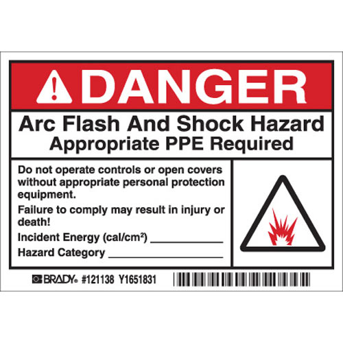 Product image for Brady 121138 Arc Flash Labels - Adhesive Vinyl, 3.5" H x 5" W x 0.004" D, Pack of 5 Labels, Black/Red/White on White