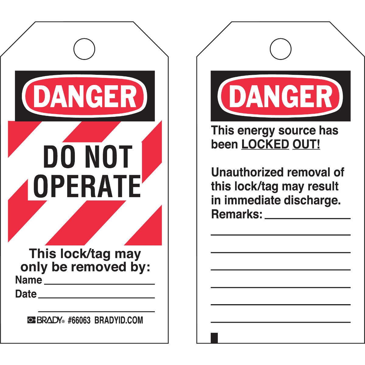 Product image for Brady 65520 Lockout Tags:Polyester, DANGER: DO NOT OPERATE. THIS LOCK/TAG MAY ONLY BE REMOVED BY: NAME_____. DATE_____..