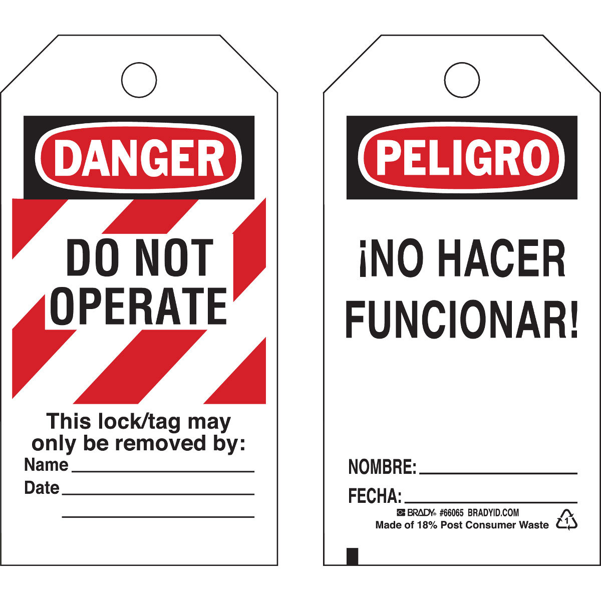 Product image for Brady 66065 Lockout Tags: DANGER: DO NOT OPERATE This lock/tag may only be removed by: Name__Date__, Outdoor Use, English;Spanish