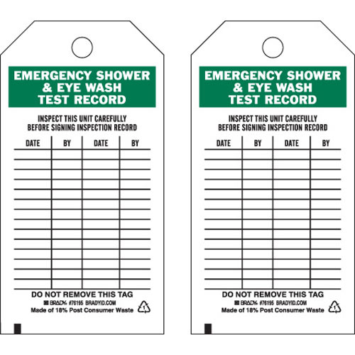 Product image for Brady 76195 Safety Inspection Tag: EMERGENCY SHOWER & EYEWASH TEST RECORD: INSPECT THIS UNIT CAREFULLY BEFOR.
