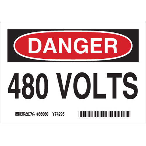 Product image for Brady 86060 480 VOLTS (5/Package), 3.5" H x 5" W x 0.006" D, Black/Red on White