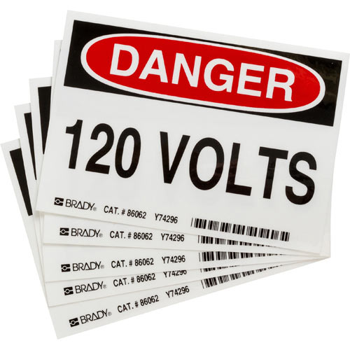 Product image for Brady 86062 DANGER 120 Volts(5/Pk) Sign, 3.5" H x 5" W x 0.006" D, Polyester