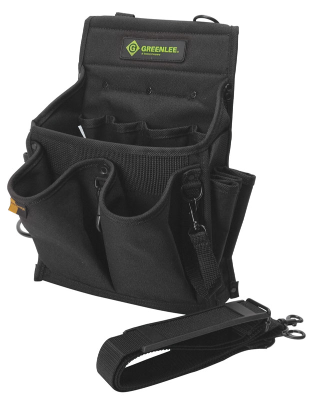 Constructed of a double-layer of rugged, lightweight Cordura fabric.     Versatile twenty-pocket design easily accommodates a wide variety of professional hand tools.     Large capacity pockets allow for easy access to contents.     Padded handle and shoulder strap design for easy storage and the best way to carry a loaded tool pouch.     Heavy-duty tool snap and electrical tape strap.     Steel hammer holder loop.     Extra versatile design maybe carried using shoulder strap or handle, or worn on a tool belt.     Heavy-Duty tape measure holder accepts and holds any size tape securely.