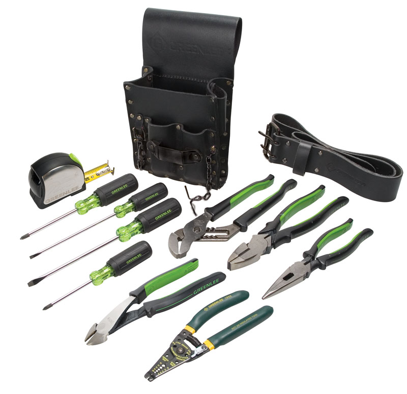 Perfect kit for the professional or apprentice electrician.     Kit Includes: 2 IN LeatherTool Belt, 8-Pocket Leather Pouch, 25 FT Tape.     Measure, Phillips Tip #1-3/16 IN x 3 IN Screwdriver, Phillips Tip #2-1/4 IN x 4 IN Screwdriver, Cabinet Tip Round Shank 3/16 IN x 6 IN B Flat Blade Screwdriver, Keystone Tip Square Shank 1/4 IN x 4 IN Flat Blade Screwdriver, Pro Plus Wire Stripper 10-18 AWG, 8 IN Long Nose Pliers, 10 IN Pump Pliers, 8 IN Diagonal Cutting Pliers and 9 IN Side-Cutting Pliers.