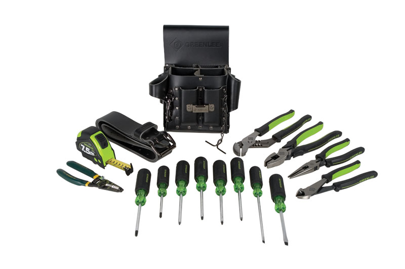 Perfect kit for the professional or apprentice electrician.     Kit Includes: High Leverage Side-cutting pliers 9 IN molded grip, High Leverage Diagonal Cutting Pliers 8 IN molded grip, High Leverage Long Nose Pliers/Side Cutting 8 IN molded grip, Pump Pliers 10 IN molded grip, Heavy Duty Keystone Tip, Square Shank 1/4 IN x 4 INFlat Blade Screwdriver, Heavy Duty Cabinet Tip, Round Shank 3/16 IN x 6 IN Flat Blade Screwdriver, Heavy Duty Phillips Tip #1 - 3/16 IN x 3 IN Screwdriver, Heavy Duty Phillips Tip #2 -1/4 IN x 4 IN Screwdriver, 7.5m/25' Tape measure, Heavy Duty 8 Pocket Leather Pouch, Heavy Duty Leather Tool Belt, Pro Plus Wire Stripper 10-18 AWG, 4 pc Square drive (Robertson) Set, Square Tip Driver #0 X 4IN, Square Tip Driver #1 X 4 IN, Square Tip Driver #2 X 4 IN, Square Tip Driver #3 X 4.