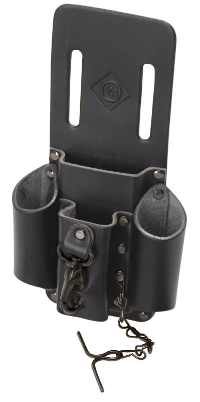 Four compact pocket areas designed for easy storage and tool access.  Washer rivets for extra strength.  Metal tool clip.  Tapered compartments for tool stability.  Tape chain included.  Fits belts up to 3 IN wide.  Top grain leather - won't fade or stain.