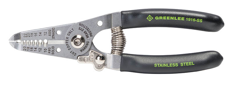 High grade stainless steel lasts 5X longer.     Precision ground stripping holes offer easy, consistent jacket removal.     Strips 10-20 AWG Solid and12-22 AWG Stranded conductors.     Multiple functions include plier nose, strippers, cutter, looping holes and spring back with low profile lock.     High grade knives resist chipping and marring.     Looping holes and serrated nose for bending, pulling and shaping wires.     Long-life spring and low-profile lock for quick, repetitive stripping and cutting.     Vinyl cushion grip resists slipping and has an ergonomic fit.