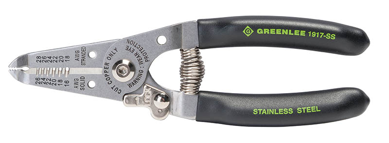 High grade stainless steel lasts 5X longer.     Precision ground stripping holes offer easy, consistent jacket removal.     Strips 16-26 AWG Solid and18-28 AWG stranded conductors.     Multiple functions include plier nose, strippers, cutter, looping holes and spring back with low profile lock.     High Grade knives resist chipping and marring.     Looping holes and serrated nose for bending, pulling and shaping wires.     Long-life spring and low-profile lock for quick, repetitive stripping and cutting.     Vinyl cushion grip resists slipping and has an ergonomic fit.