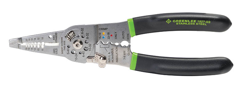High grade stainless steel lasts 5X longer.     Precision ground stripping holes offer easy, consistent jacket removal.     Strips 8-18 AWG Solid and 10-20 AWG Stranded conductors.     Cleanly shears 4-40, 6-32, 8-32, 10-32, and 10-24 bolts.     Crimps 16-10 and 22-18 insulated and non-insulated terminals as well as 7-8MM.     Multiple functions include plier nose, strippers, cutter, looping holes, multiple crimpers, bolt re-thread/shears and spring back with low profile lock.     High Grade knives resist chipping and marring.     Looping holes and serrated nose for bending, pulling and shaping wires.     Long-life spring and low-profile lock for quick, repetitive stripping and cutting.     Vinyl cushion grip resists slipping and has an ergonomic fit.