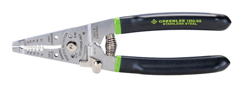 High grade stainless steel lasts 5X longer.     Precision ground stripping holes offer easy, consistent jacket removal.     Strips 10-18 AWG Solid and 12-20 AWG Stranded conductors.     Cleanly shears 6 - 32 and 8 - 32 bolts.     Crimps 16 - 10 insulated and non-insulated terminals.     Multiple functions include plier nose, strippers, cutter, looping holes, crimper, bolt re-thread/shear and spring back with low profile lock.     High grade knives resist chipping and marring.     Looping holes and serrated nose for bending, pulling and shaping wires.     Long-life spring and low-profile lock for quick, repetitive stripping and cutting.     Vinyl cushion grip resists slipping and has an ergonomic fit.