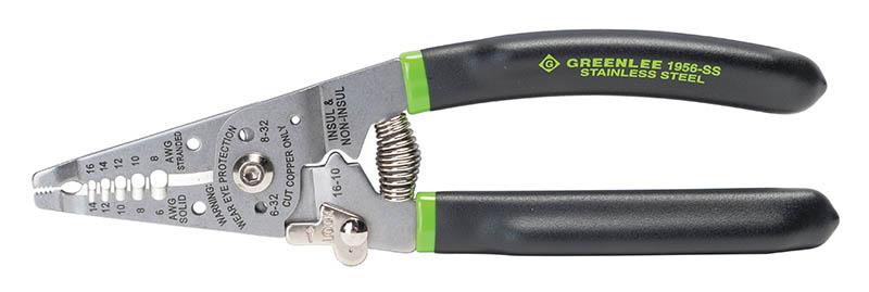 High grade stainless steel lasts 5X longer.     Precision ground stripping holes offer easy, consistent jacket removal.     Strips 6-14 AWG Solid and 8-14 AWG Stranded conductors.     Cleanly shears 6-32 and 8-32 bolts.     Crimps 16-10 insulated and non-insulated terminals.     Multiple functions include plier nose, strippers, cutter, looping holes, crimper, bolt re-thread/shear and spring back with low profile lock.     High grade knives resist chipping and marring.     Looping holes and serrated nose for bending, pulling and shaping wires.     Long-life spring and low-profile lock for quick, repetitive stripping and cutting.     Vinyl cushion grip resists slipping and has an ergonomic fit.