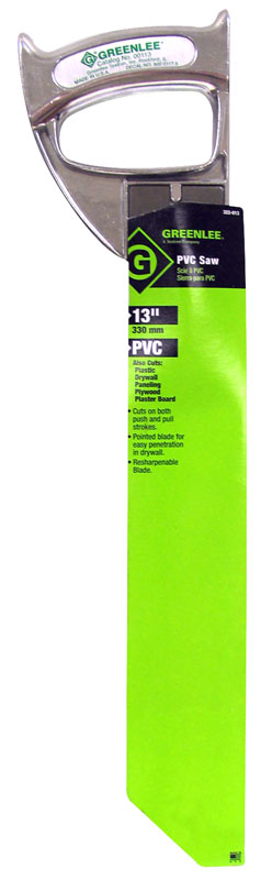 V tooth design enables straight cuts on both push and pull saw strokes.     Re-sharpenable blade.     Pointed blade nose makes drywall surface penetration easy.     Ergonomic handle is interchangeable with most popular PVC saw brands.