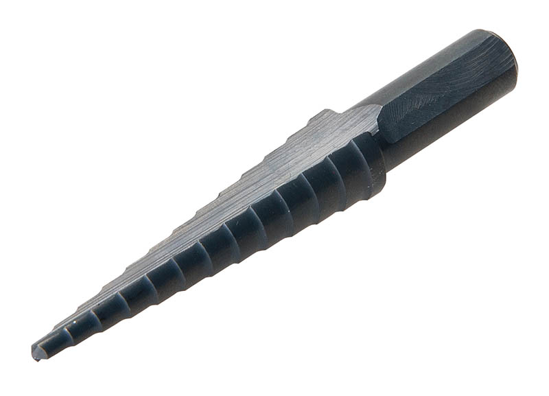 Kwik Stepper® #1 Multi Hole Step Bit.  Unique split-tip design penetrates through steel faster.  Resists walking or skidding, even on round surfaces.  Balanced, double-flute construction requires less pressure, does the work for you.  Designed and manufactured in USA..