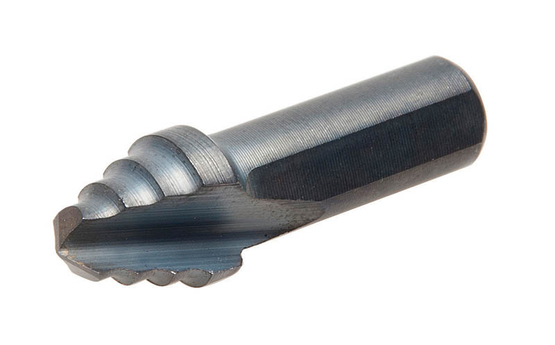 Kwik Stepper® #10 Multi Hole Step Bit.  Unique split-tip design penetrates through steel faster.  Resists walking or skidding, even on round surfaces.  Balanced, double-flute construction requires less pressure, does the work for you.  Designed and manufactured in USA..