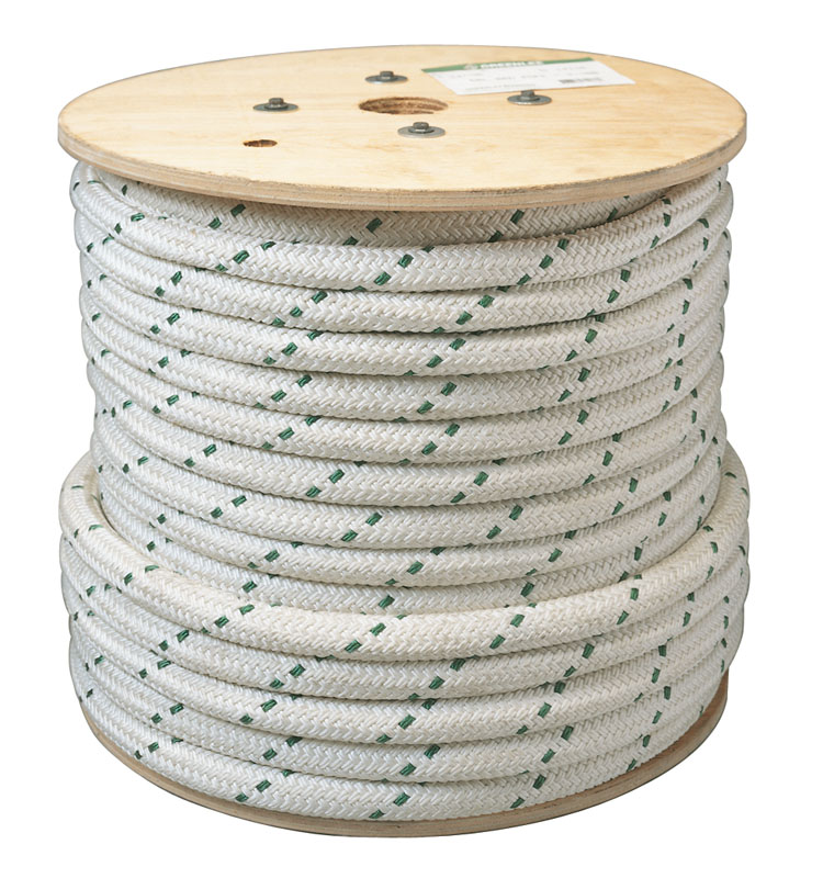 Double-Braided Composite Rope for Cable Pullers, 300' length with 4,000 pound Maximum Rated Capacity.  Double-braided inner core with an extra double-braided outer jacket for added strength and less stretch.  White with green tracer.  Rot and mildew resistant.  Factory spliced eyes at both ends.  Lowest stretch.  Select a rope with a maximum rated capacity that meets or exceeds the cable puller's maximum pulling force.