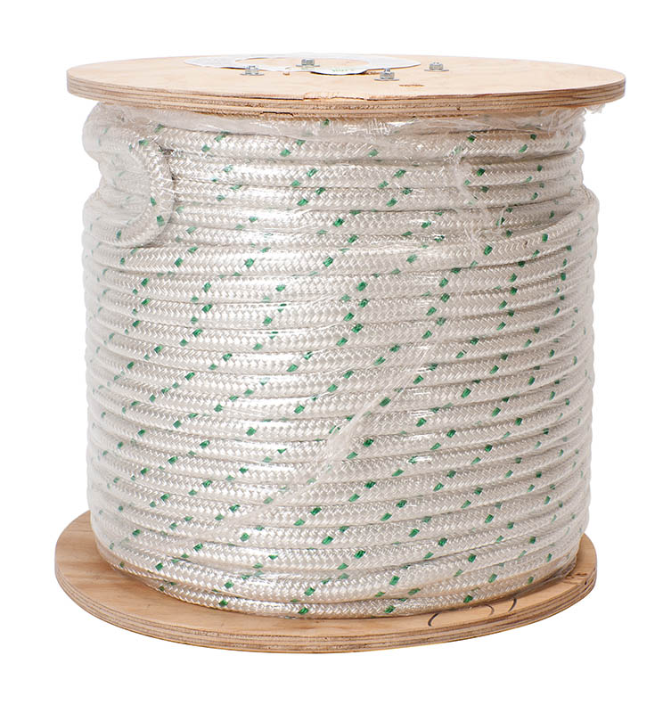 Double-Braided Composite Rope for Cable Pullers, 600' length with 4,000 pound Maximum Rated Capacity.  Double-braided inner core with an extra double-braided outer jacket for added strength and less stretch.  White with green tracer.  Rot and mildew resistant.  Factory spliced eyes at both ends.  Lowest stretch.  Select a rope with a maximum rated capacity that meets or exceeds the cable puller's maximum pulling force.