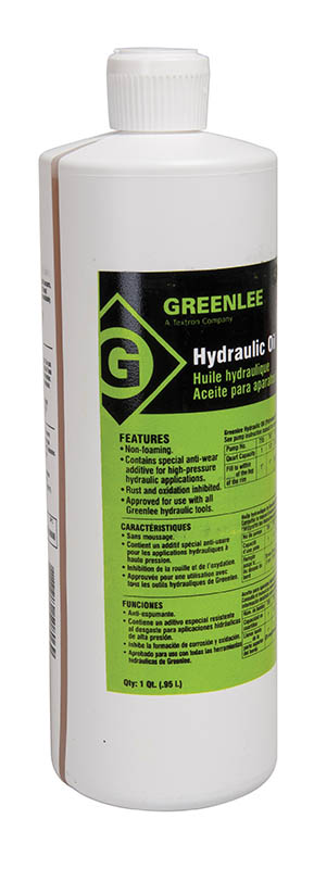 Hydraulic Oil 1 Quart. Specially compounded for use with Greenlee hydraulic equipment. Refinery-filtered to give you the finest oil available.