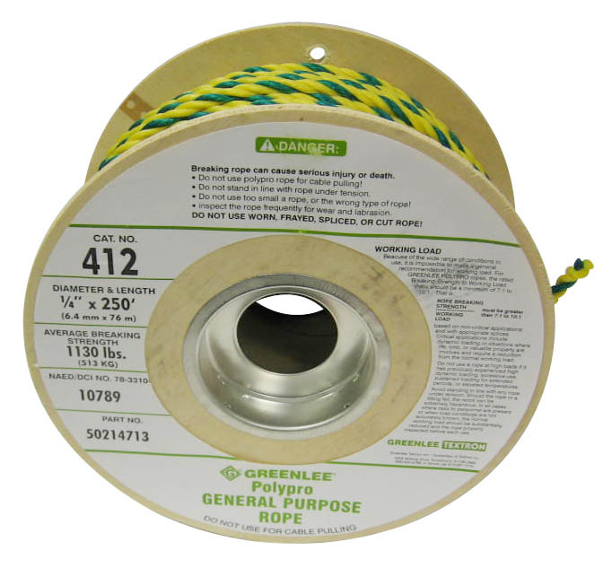 Poly Pro Rope 1/4" (6.4mm) x 250' (76m).  Highly-visible, bright yellow with green tracer, excellent for roping off areas on construction sites.  Rot and mildew resistant.  Weather resistant Economical general purpose rope.