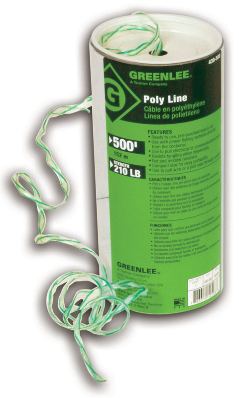 Twine, Spiral Wrap 1 Ply Poly Line 500'.  Standard Pack of 6.   Ready-to-use, pre-punched hole in lid with resealable cap.  Use with power fishing systems directly from the container.  Resists tangling when dispensing.  Rot and mildew resistant.  Handy reusable plastic dispenser pail with handle keeps the line dry.  Use to pull rope through conduit.