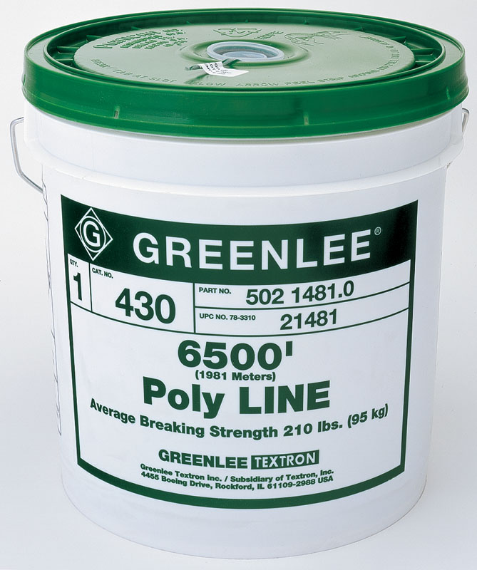 Twine, Spiral Wrap 1 Ply Poly Line 6500'.  Ready-to-use, pre-punched hole in lid with resealable cap.  Use with power fishing systems directly from the container.  Resists tangling when dispensing.  Rot and mildew resistant.  Handy reusable plastic dispenser pail with handle keeps the line dry.  Use to pull rope through conduit.