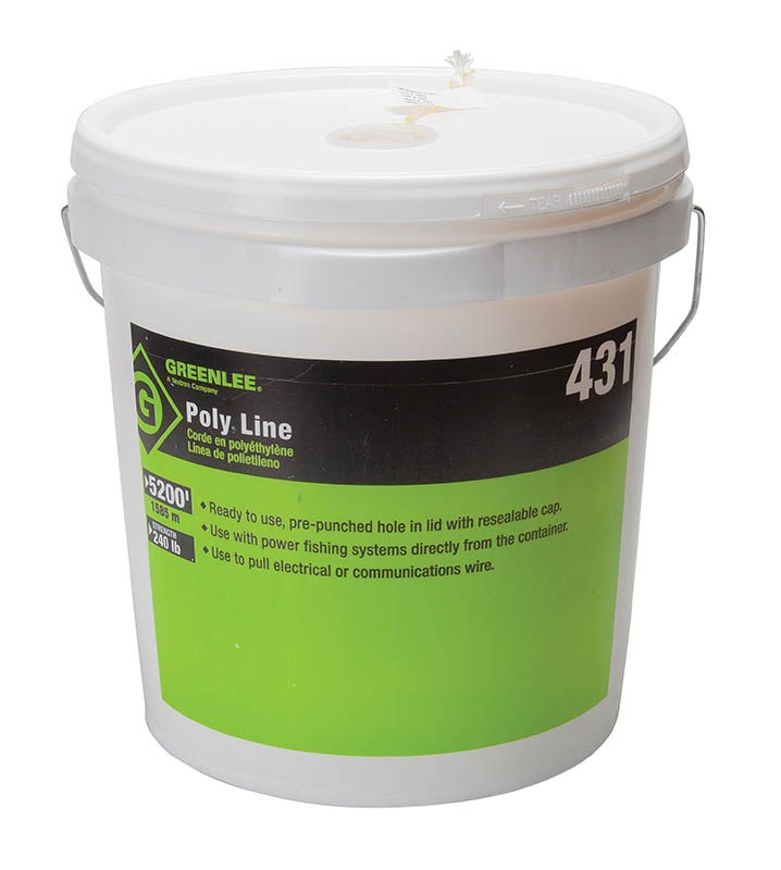 Twine, Spiral Wrap 2 Ply Poly Line 5200'.  Ready-to-use, pre-punched hole in lid with resealable cap.  Use with power fishing systems directly from the container.  Resists tangling when dispensing.  Rot and mildew resistant.  Handy reusable plastic dispenser pail with handle keeps the line dry.  Use to pull rope through conduit.